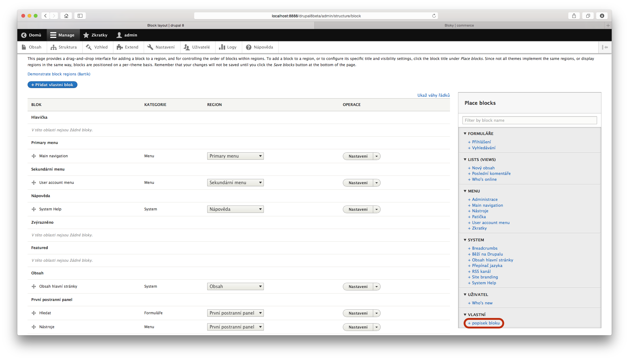 Zobrazení námi přidaného bloku v nabídce bloků v Drupalu 8.